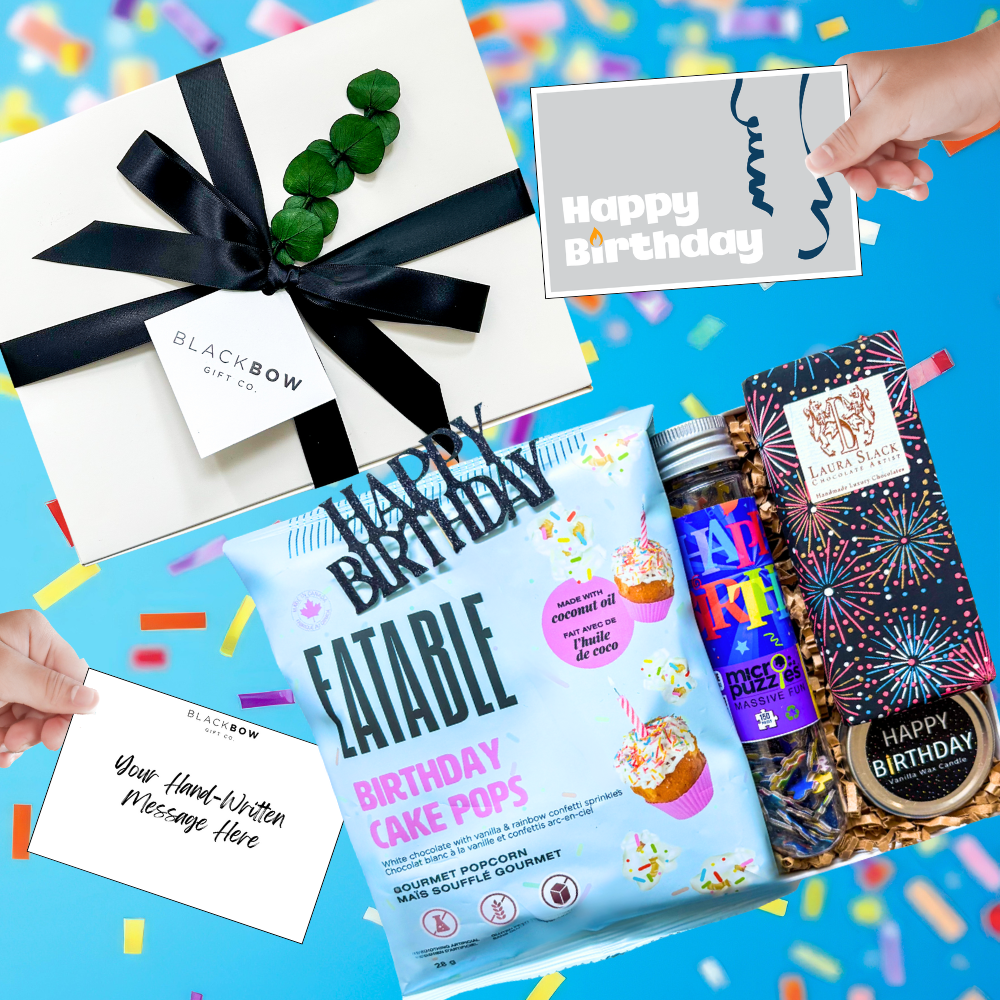 Birthday Bash Gift Box with birthday cake popcorn, chocolate bar, candle, and puzzle styled for a fun and festive celebration.