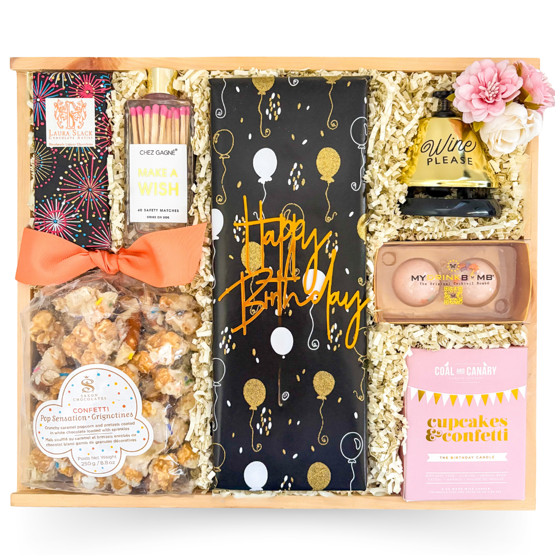 Birthday Celebration gift box with wine glass and birthday treats by Black Bow Gift Co.
