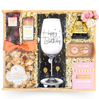 Birthday Celebration gift box with wine glass and birthday treats by Black Bow Gift Co.