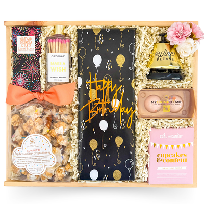 Birthday Celebration gift box with wine glass and birthday treats by Black Bow Gift Co.