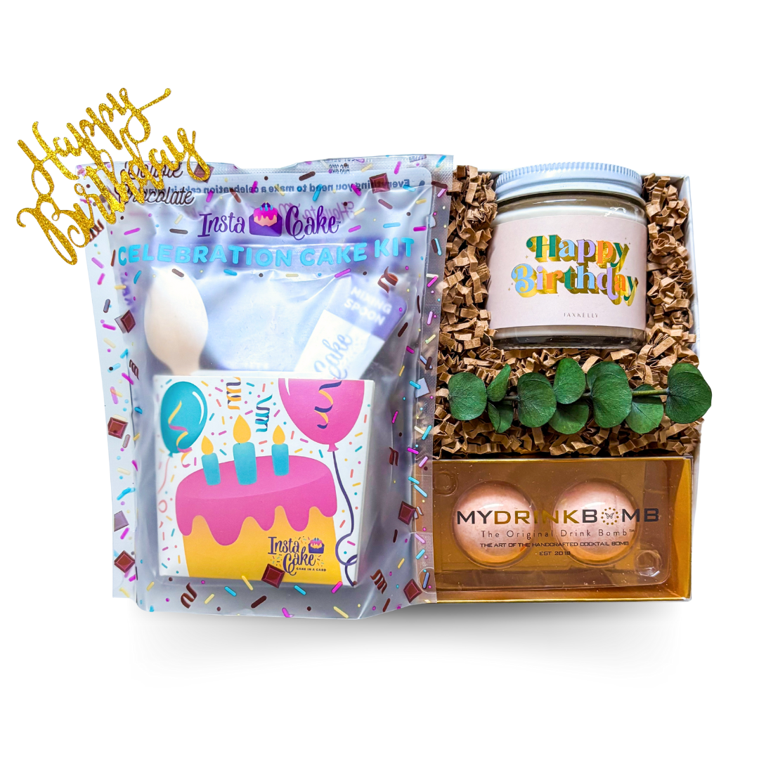 Birthday Gift Box with drink bombs, celebration mug cake, and festive packaging styled for a cheerful birthday celebration.