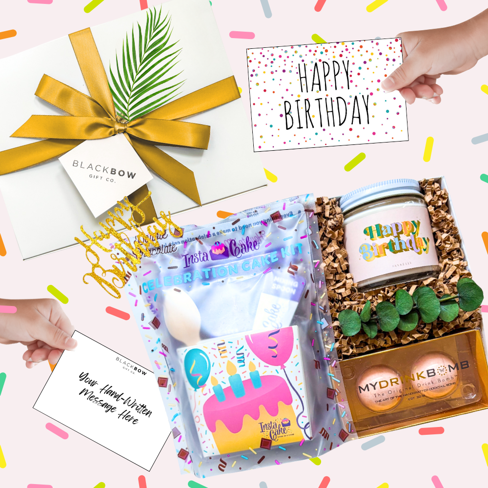 Birthday Gift Box with drink bombs, celebration mug cake, and festive packaging styled for a cheerful birthday celebration.
