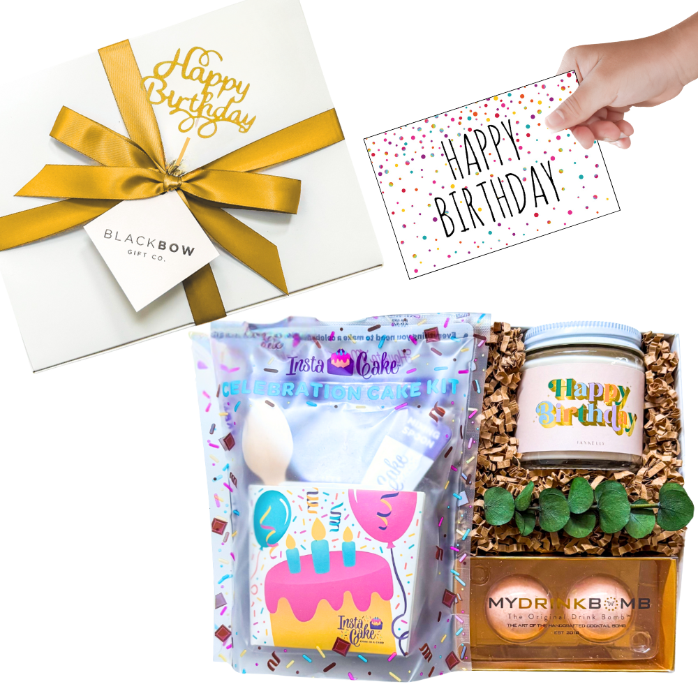 Birthday Gift Box with drink bombs, celebration mug cake, and festive packaging styled for a cheerful birthday celebration.