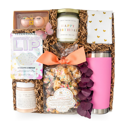 Gift basket with birthday-themed items including a candle, lip balm, and pink tumbler.