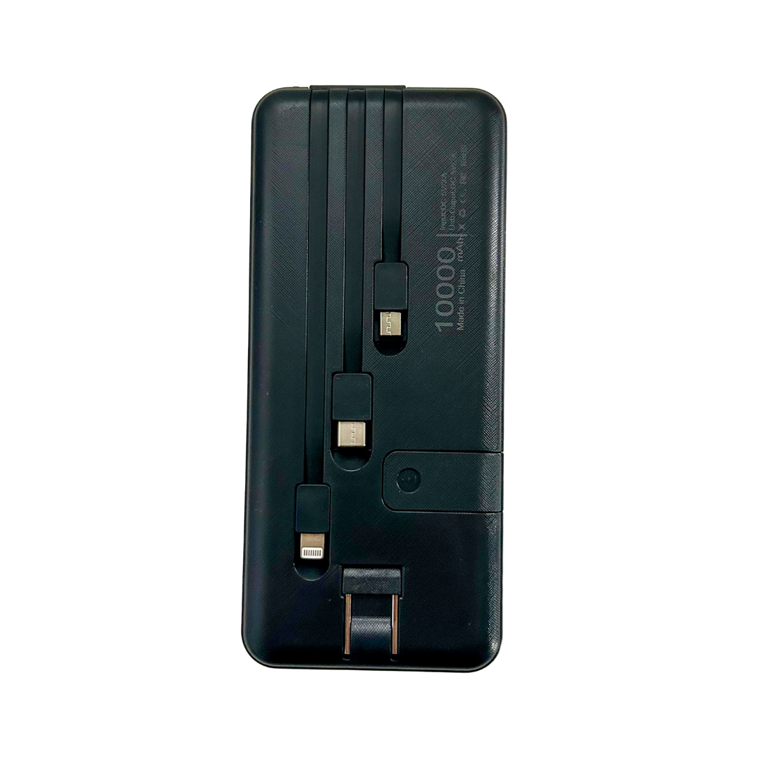 Black Power Bank - 10000 mah with Built in Cable
