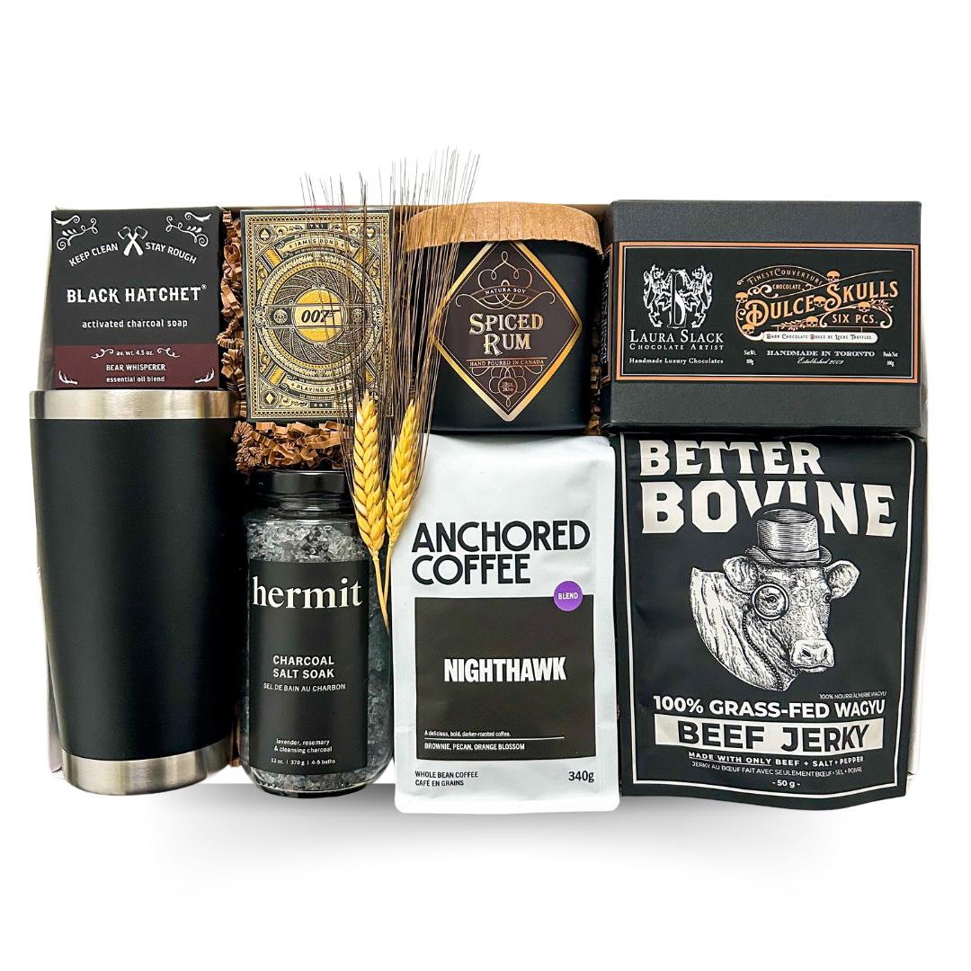 Black Tire Treats, Men's Gift Box Canada, Masculine Gifts, Rugged Gift Basket, Dark Chocolate Gifts, Charcoal Soap Gift, Men's Self-Care Kit, Adventure Gift Box, Coffee & Jerky Gifts, Affordable Gifts for Him, Canadian Gift Box for Men, Tumbler Gifts