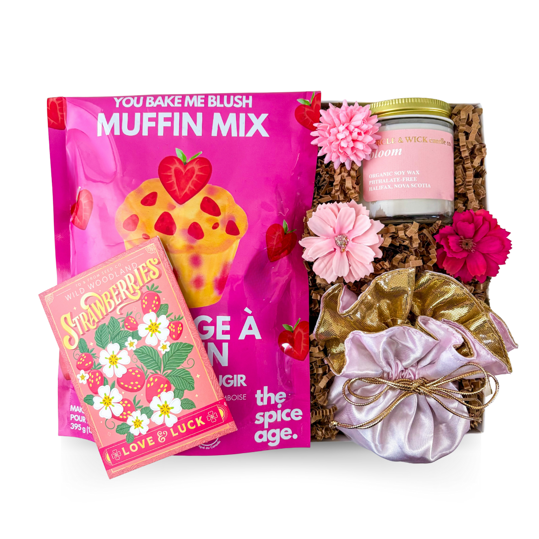Blush-themed gift box with floral, cozy, and feminine accents.
