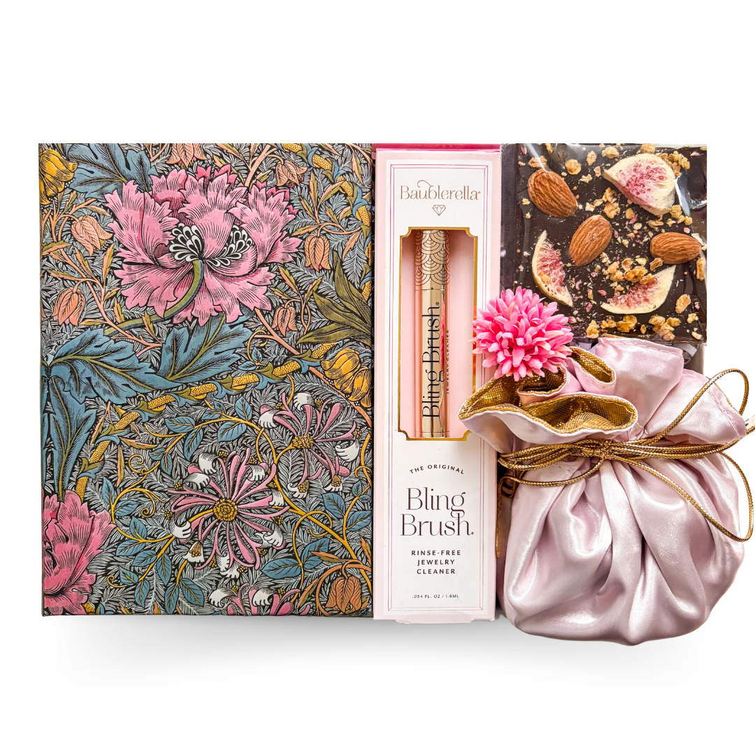 Blush Royale luxury pink gift box with metallic floral notebook, satin pouch, sleep mask and jewellery cleaning pen by Black Bow Gift Co.

