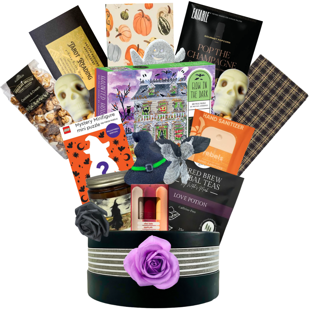 Boo Basket Halloween gift basket featuring festive treats, spooky surprises and seasonal gifts in a black keepsake basket.
