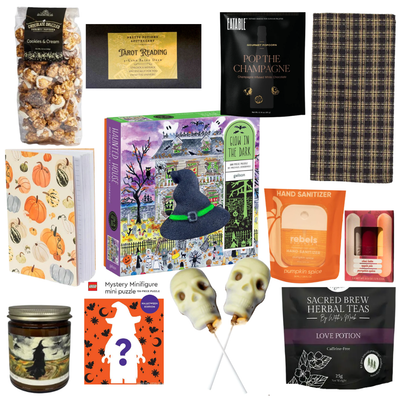 Boo Basket Halloween gift basket featuring festive treats, spooky surprises and seasonal gifts in a black keepsake basket.