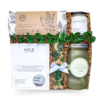 Luxury botanical wellness gift box with rosemary planter kit, purifying charcoal bag, soy candle, lavender infused eye rest, and gourmet chocolates in earthy tones