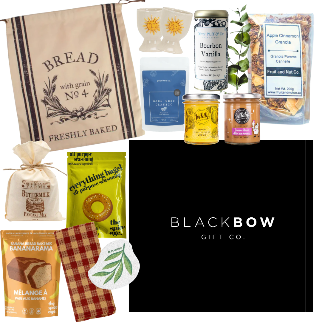 Brunch at Home gourmet gift box with coffee, tea, granola, baking mixes, lemon spread, caramel sauce, brunch pantry items, and cozy kitchen-inspired accessories.
