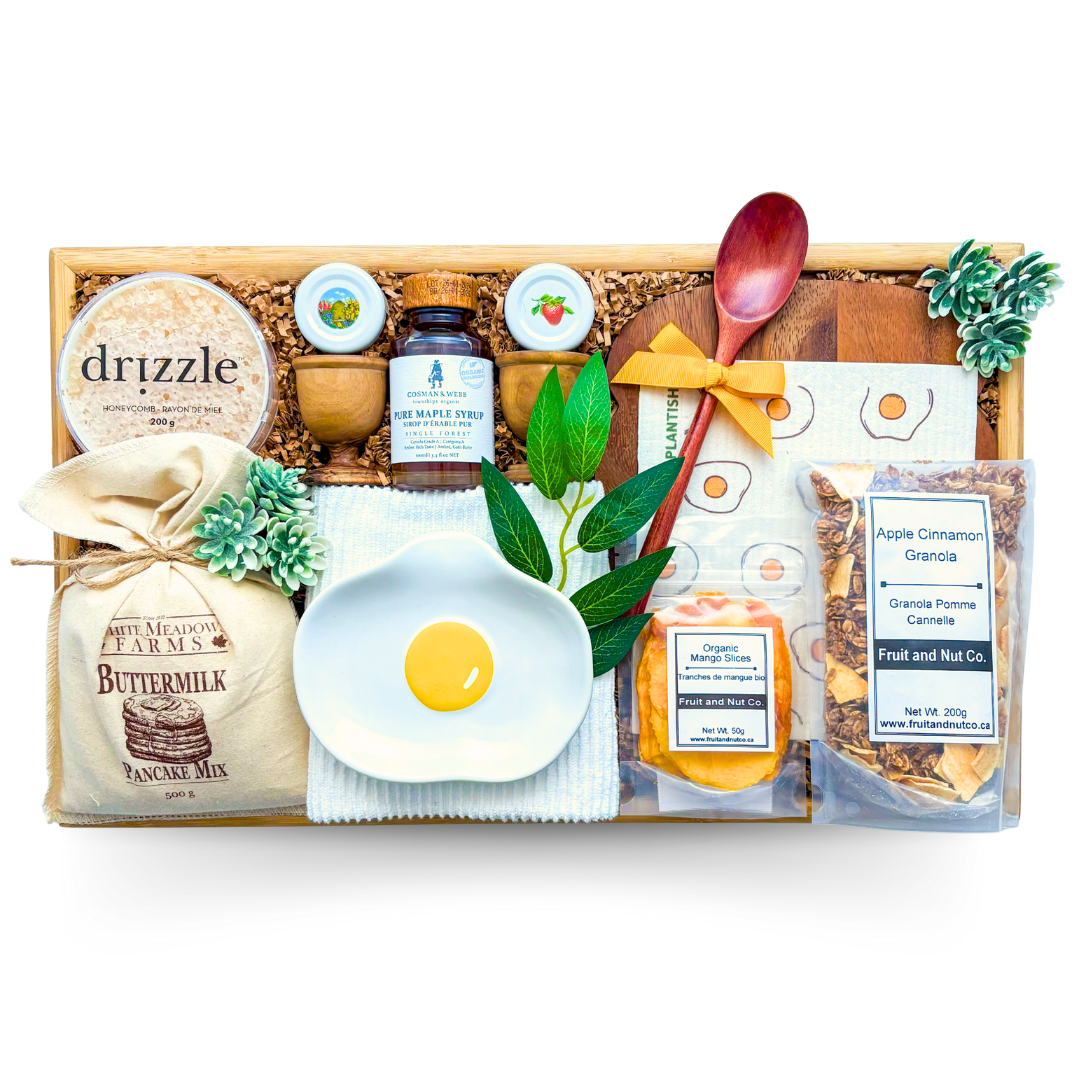 Breakfast in Bed luxury gift box displayed on a keepsake tray with cozy accents and sunshine-inspired details.