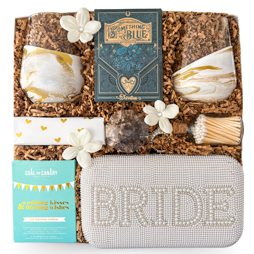 Something Blue wedding gift box with champagne glasses, candle and romantic keepsakes by Black Bow Gift Co.
