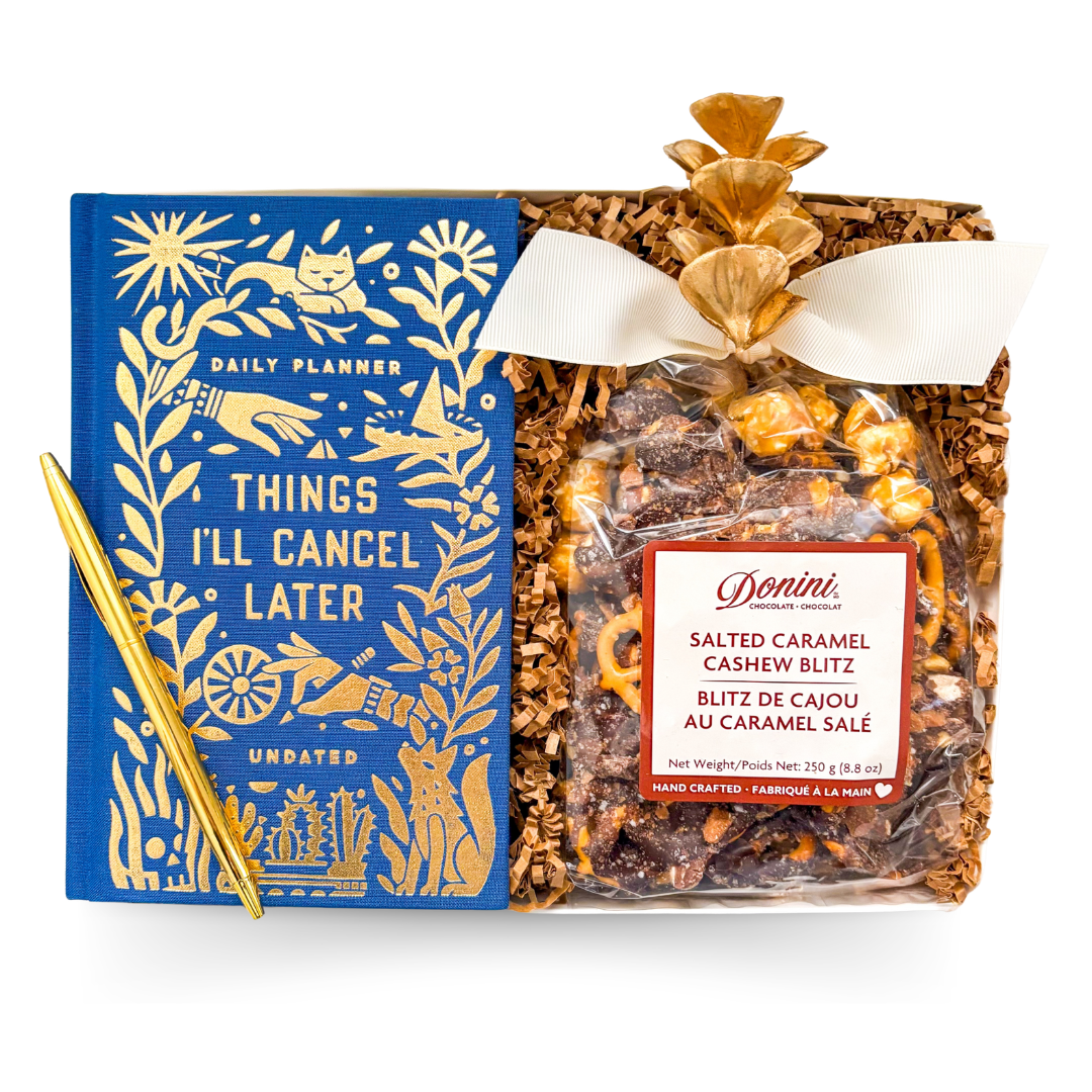 Bright Ideas journal gift box with cheeky hardcover notebook, pen and gourmet treats by Black Bow Gift Co.
