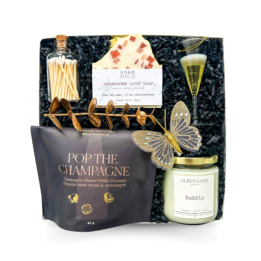 Luxury Gift Box, Self Care Gift, Champagne Gift Box, Spa Gift Set, Celebration Gift Box, Relaxation Gift Basket, Bubbly Gift, Pop the Champagne Gift, Wine Infused Gourmet Gift, Bliss Gift Set, Gift for Her, Girls Night Gift, Pampering Gift Box, Candle and Soap Gift, Champagne Lover Gift, Canadian Spa Gift Box, Halifax Gift Delivery, Dartmouth Gift Delivery, Bedford Gift Delivery, Luxe Canadian Gift