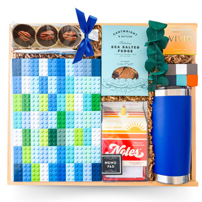 Built for Brilliance executive wood box gift with creative desk tools, premium chocolates and vibrant accents by Black Bow Gift Co.