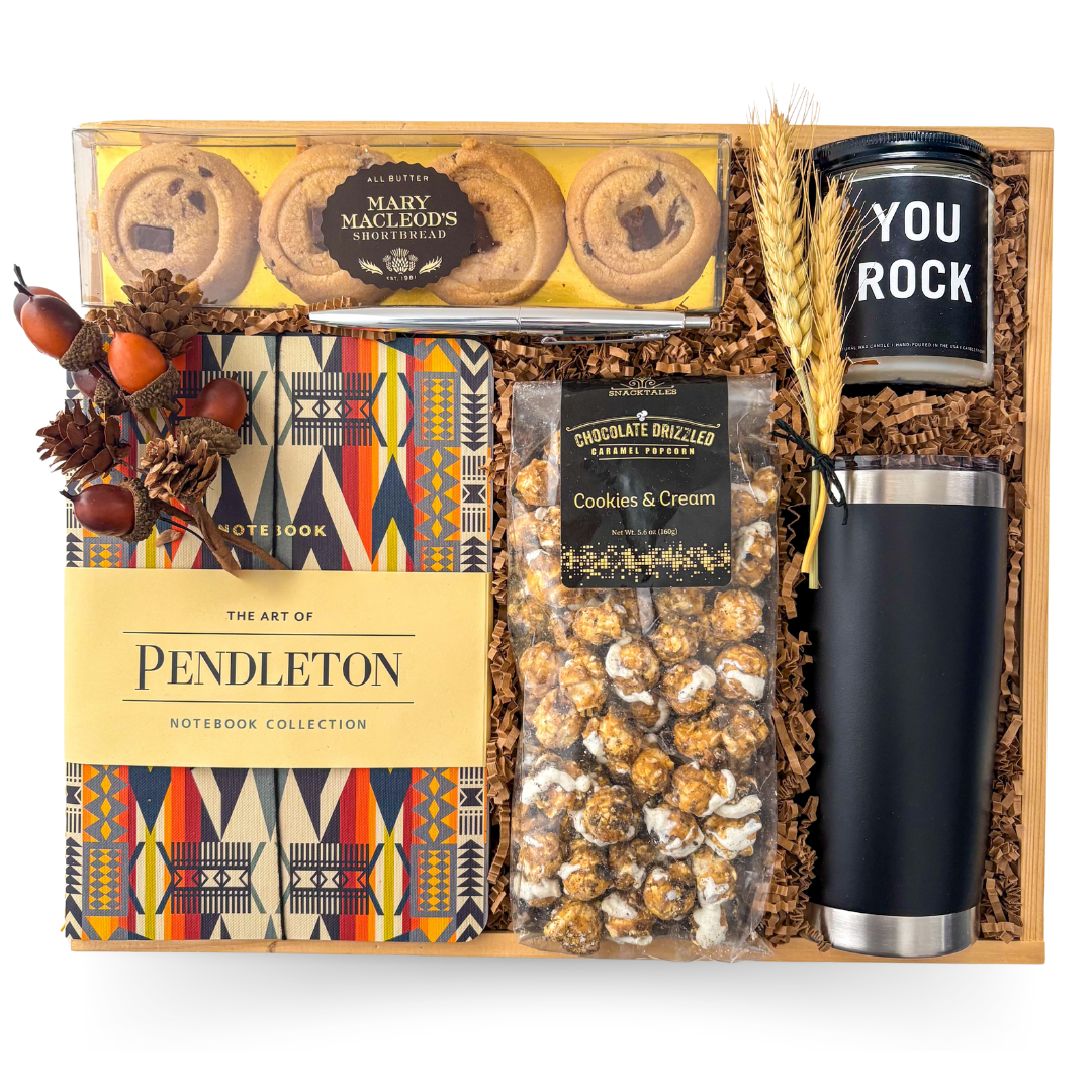 Built to Impress executive wood box gift with tumbler, notebooks, candle and premium gourmet assortment by Black Bow Gift Co.