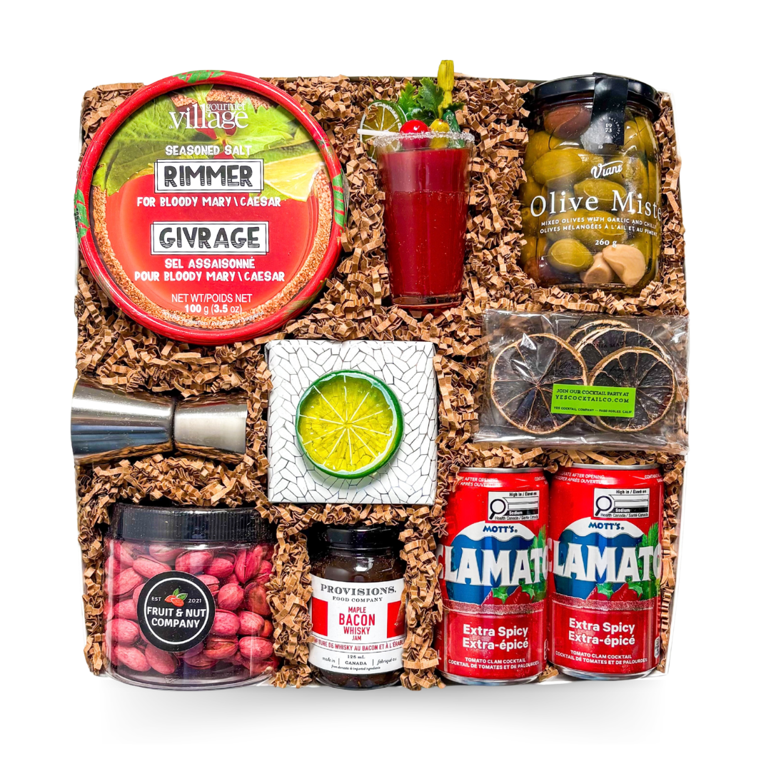 Caesar Celebration cocktail gift box with Clamato, bar tools and gourmet snacks in a luxury gift box by Black Bow Gift Co.
