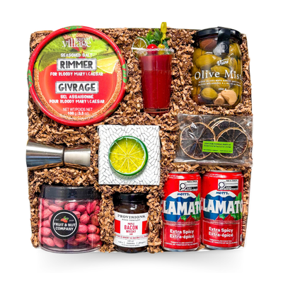 Caesar Celebration cocktail gift box with Clamato, bar tools and gourmet snacks in a luxury gift box by Black Bow Gift Co.