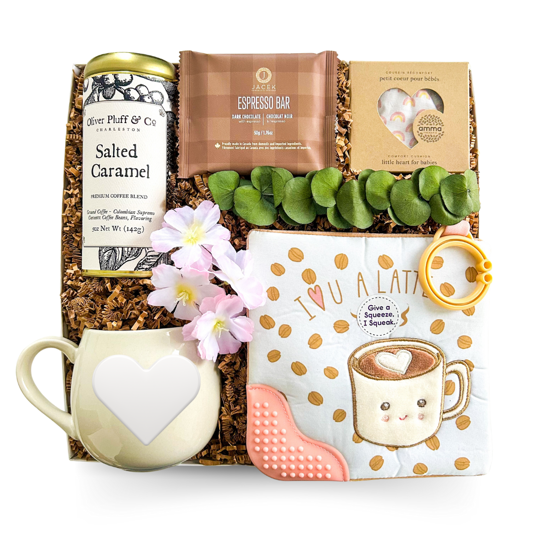 New Parent Gift Box, Coffee Lover Gift, Baby and Parent Gift, Postpartum Gift Box, Baby Shower Gift, New Mom Gift, New Dad Gift, Comfort Gift Box, Cozy Gift Basket, Canadian Baby Gift, Halifax Gift Delivery, Dartmouth Gift Delivery, Bedford Gift Delivery, Relaxation Gift Set, Gift for Sleep-Deprived Parents, Latte Themed Gift, Baby & Coffee Gift Box, Canadian Coffee Gift, Parenting Gift, Sweet Moments Gift Box