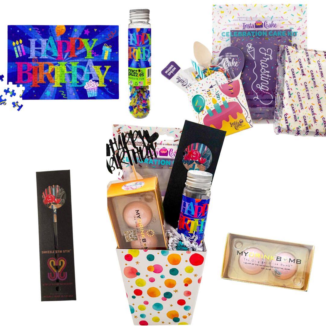 Birthday gift basket with cake treats, drink bombs, puzzle, and celebratory details, packaged in a colourful celebration paper basket.