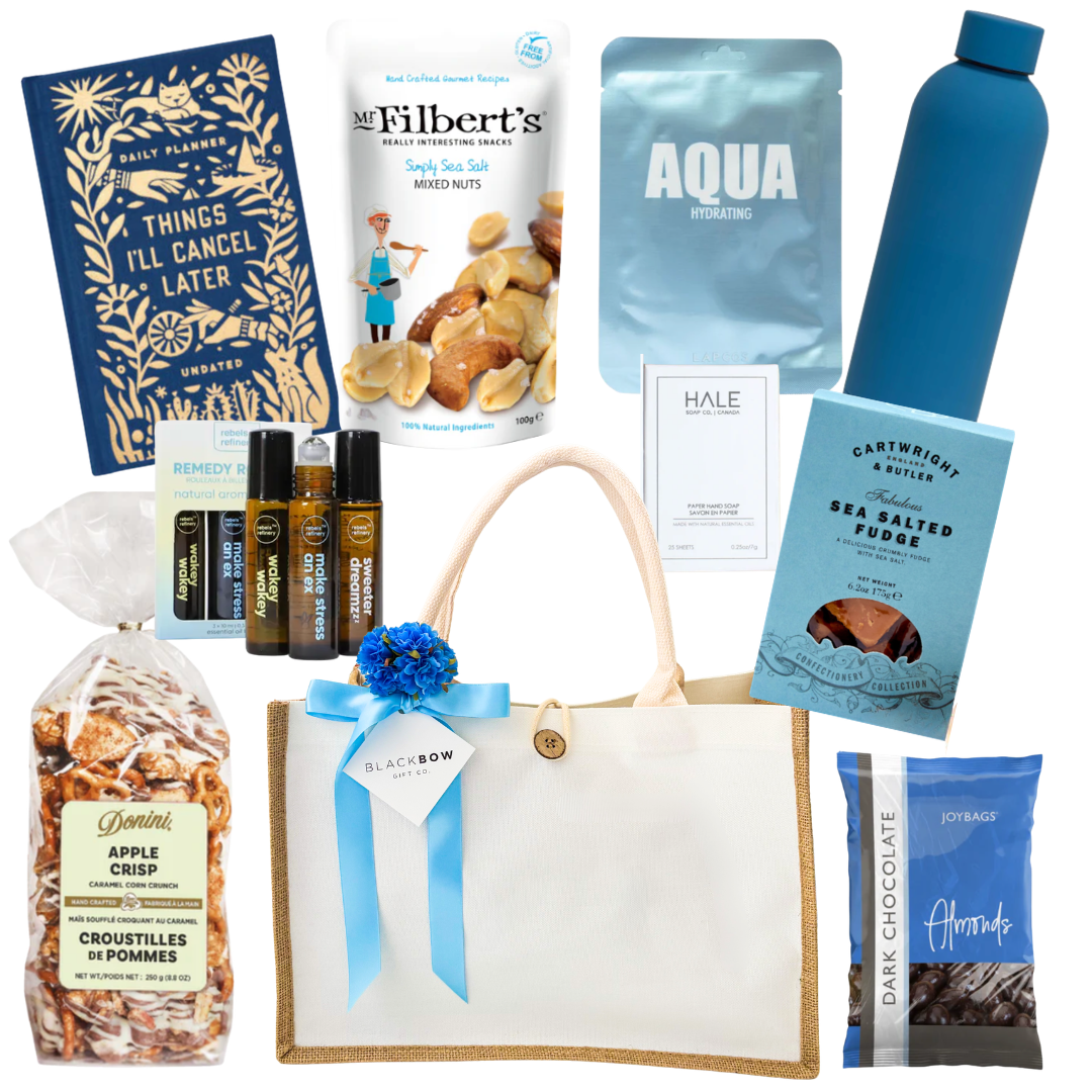 Calm Day Ahead wellness gift basket with planner, hydration bottle and gourmet snacks by Black Bow Gift Co.
