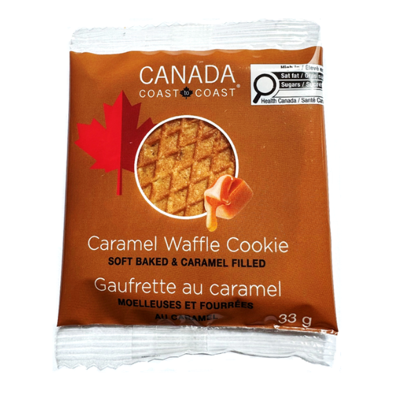 Canada to Coast caramel waffle cookie, a soft-baked 33 g cookie filled with sweet caramel.
