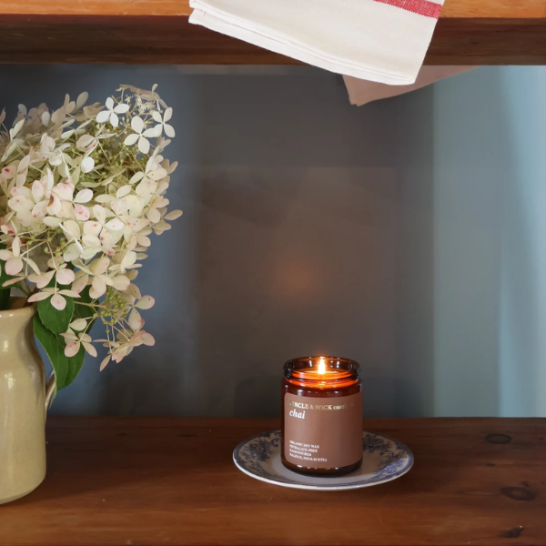 4 oz chai candle with warm and spicy chai and cardamom fragrance.