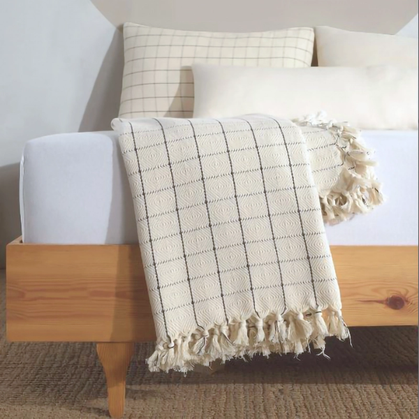 Checkered Cream Cotton Throw Blanket