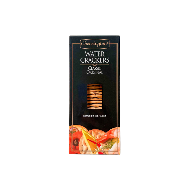 Cherrington Classic Original Water Crackers in a 95 g box, featuring crisp, light crackers ideal for serving with cheese, spreads, and appetizers.