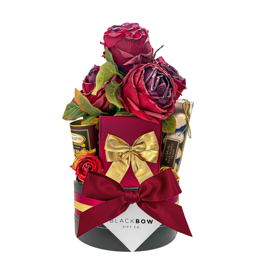 Chocolate Indulgence luxury chocolate gift basket with gourmet chocolates, truffles and optional burgundy faux rose arrangement
