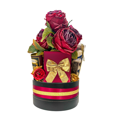 Chocolate Indulgence luxury chocolate gift basket with gourmet chocolates, truffles and optional burgundy faux rose arrangement