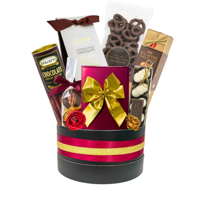 Chocolate Indulgence luxury chocolate gift basket with gourmet chocolates, truffles and optional burgundy faux rose arrangement