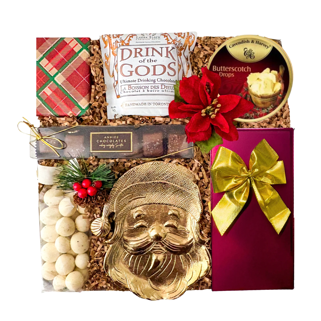 Christmas Traditions luxury holiday gift basket with gourmet chocolates, festive treats, drinking chocolate and gold Santa keepsake in elegant gift packaging.