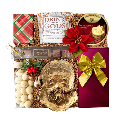Christmas Traditions luxury holiday gift basket with gourmet chocolates, festive treats, drinking chocolate and gold Santa keepsake in elegant gift packaging.