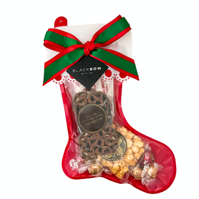 Stocking with treats, popcorn and hot chocolate for the holidays