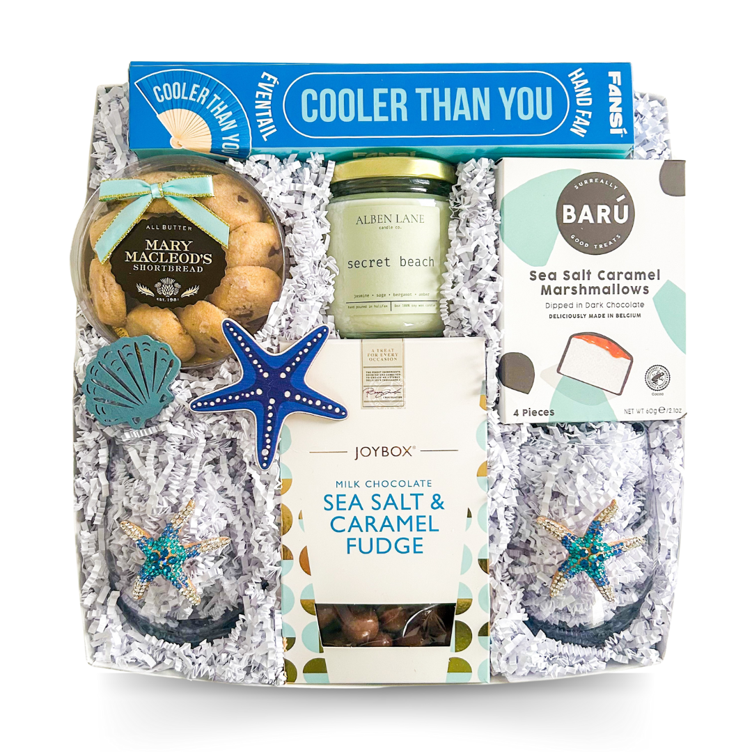 Beach Gift Box, Coastal Gift Basket, Summer Gift Box, Wine Lover Gift, Relaxation Gift, Chocolate Gift Set, Halifax Gift Delivery, Dartmouth Gift Delivery, Bedford Gift Delivery, Canadian Gift Box, Sea-Inspired Gift, Spa Gift Basket, Candle Gift Box, Coastal Vibes Gift, Elegant Summer Gift, Gourmet Gift Basket, Chocolate and Candle Gift, Wine Gift Box for Her