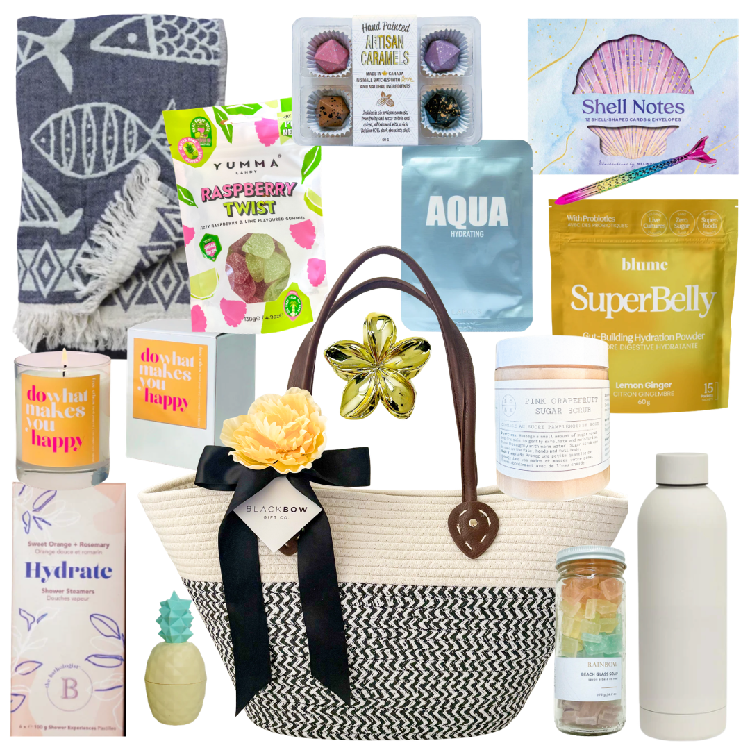 Coastal Living gift tote with coastal-inspired essentials, treats and wellness items by Black Bow Gift Co.
