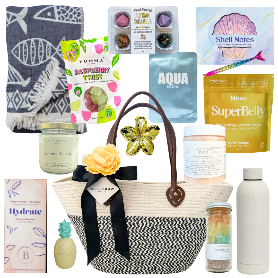 Coastal Living gift tote with coastal-inspired essentials, treats and wellness items by Black Bow Gift Co.