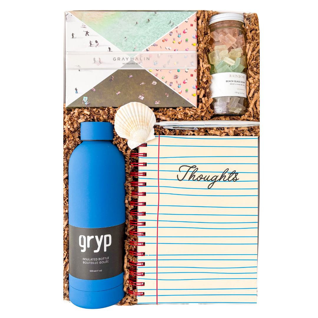Coastal Notes gift box with notebook, beach glass soap and tumbler by Black Bow Gift Co.
