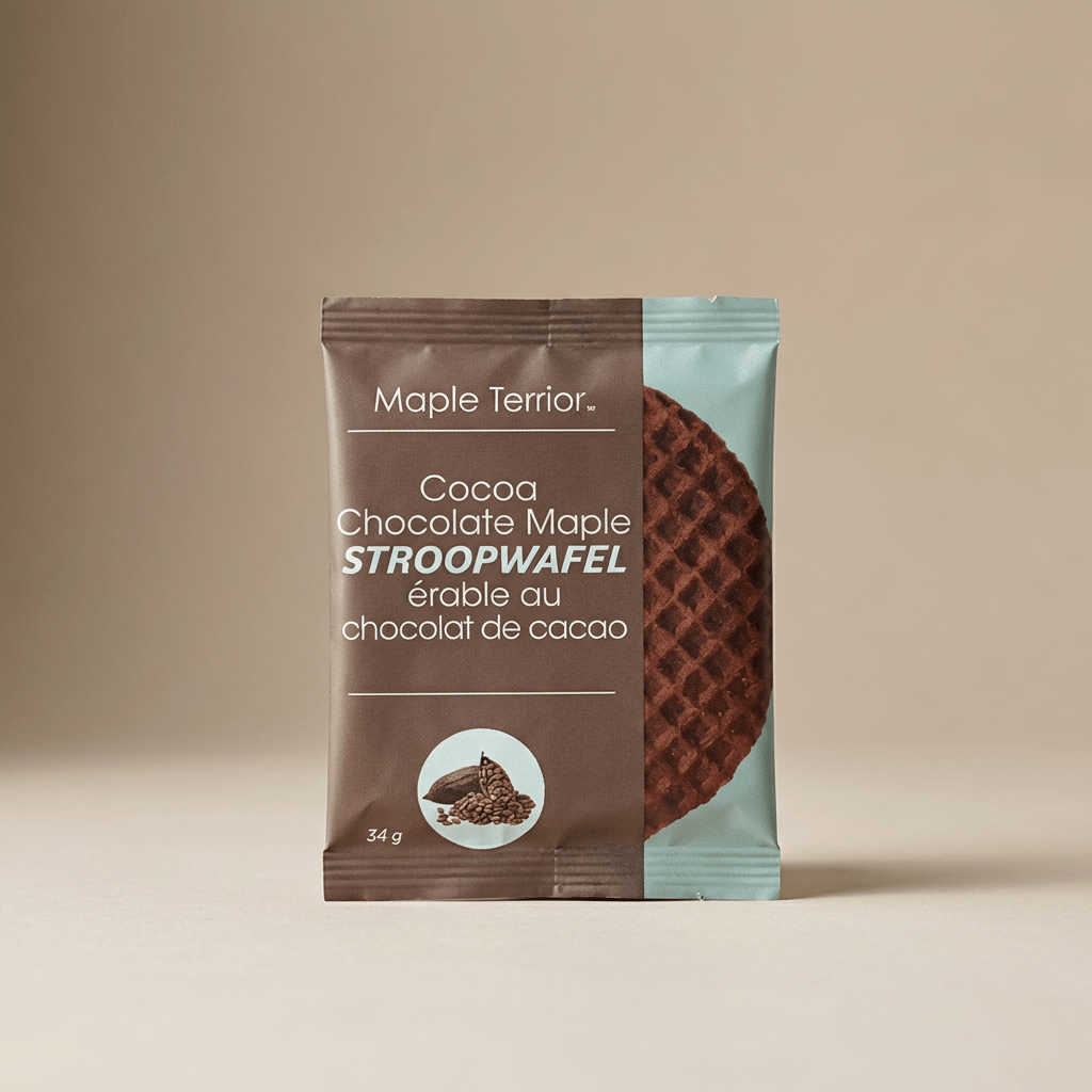 Maple Terroir Cocoa Chocolate Maple Stroopwafels made with Canadian ingredients and pure maple syrup, individually wrapped for easy snacking.