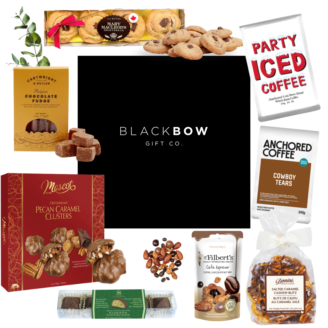 Coffee Comforts gift box with coffee and gourmet treats in a mailer box by Black Bow Gift Co.
