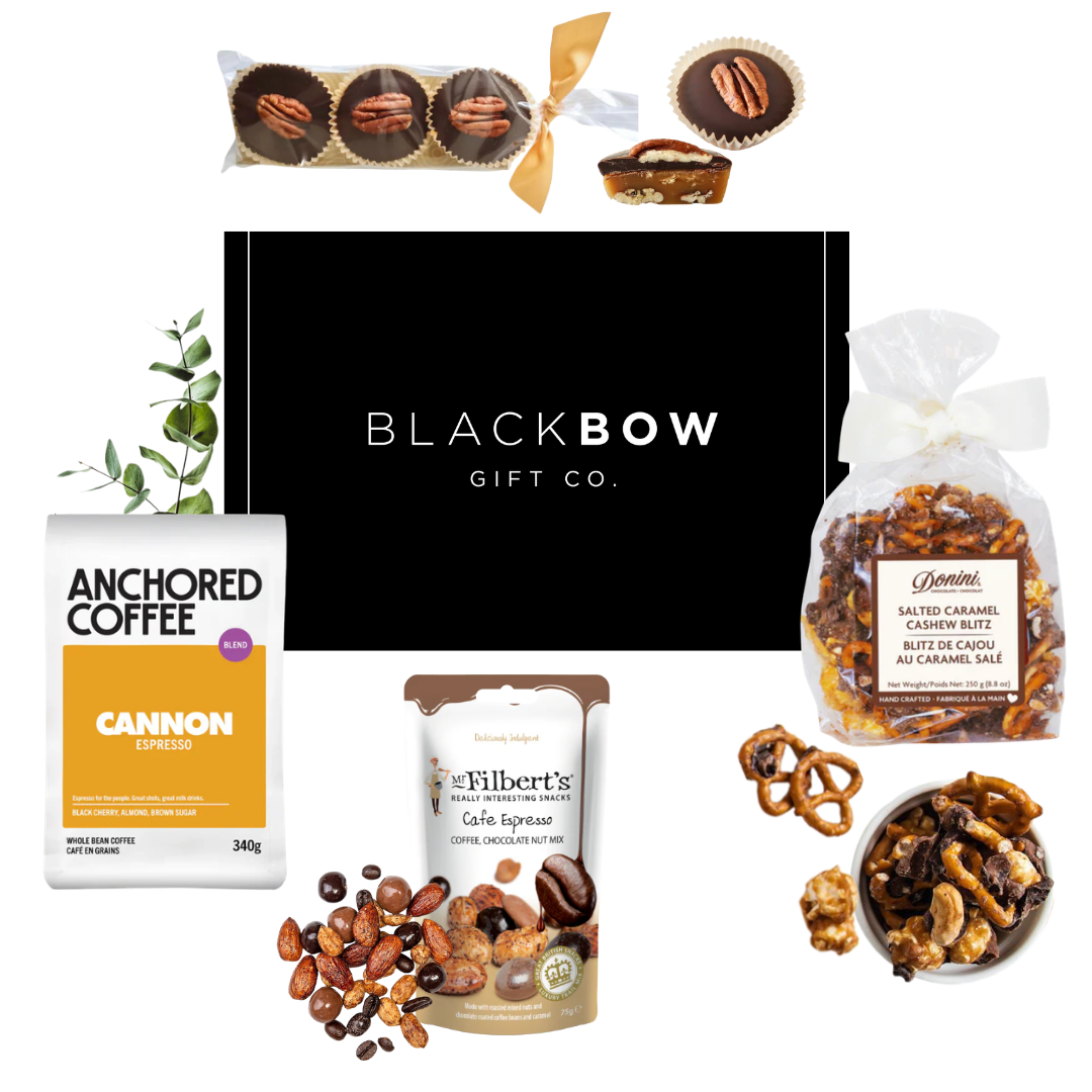 Coffee & Treats coffee gift box with gourmet snacks in a budget-friendly mailer box by Black Bow Gift Co.
