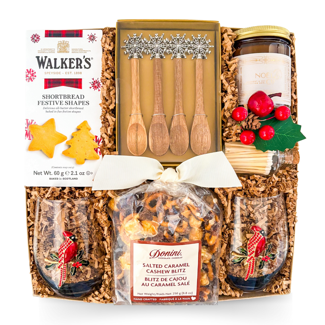 Comfort & Joy large holiday gift box with festive treats, sparkle glasses, and elegant holiday details
