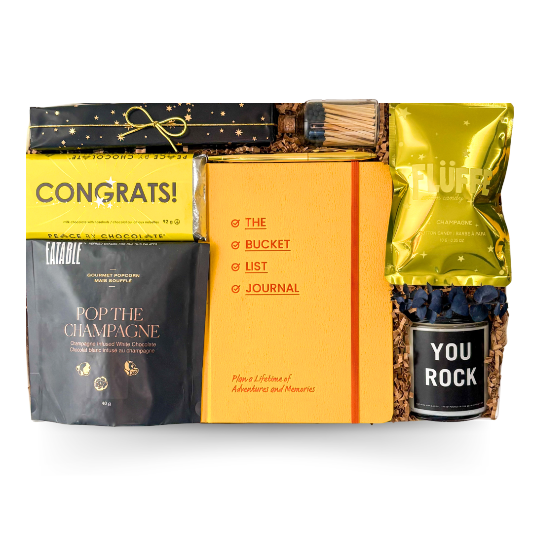 Congrats gift box with notebook, candle, and sweet treats by Black Bow Gift Co.
