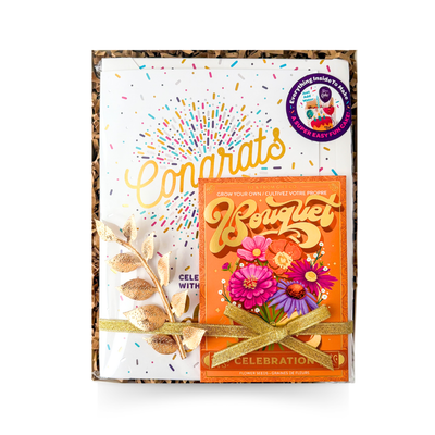 Congrats to You congratulations gift box with double chocolate mug cake with sprinkles, celebration flower seeds and gold ribbon