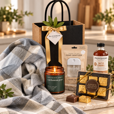 Black Bow Gift Co. gift bag with gold ribbon, cozy grey and cream plaid scarf, Annie’s Chocolates, cardamom pear candle, vanilla bean hand sanitizer, and salted caramel coffee syrup in a warm, elegant home setting.
