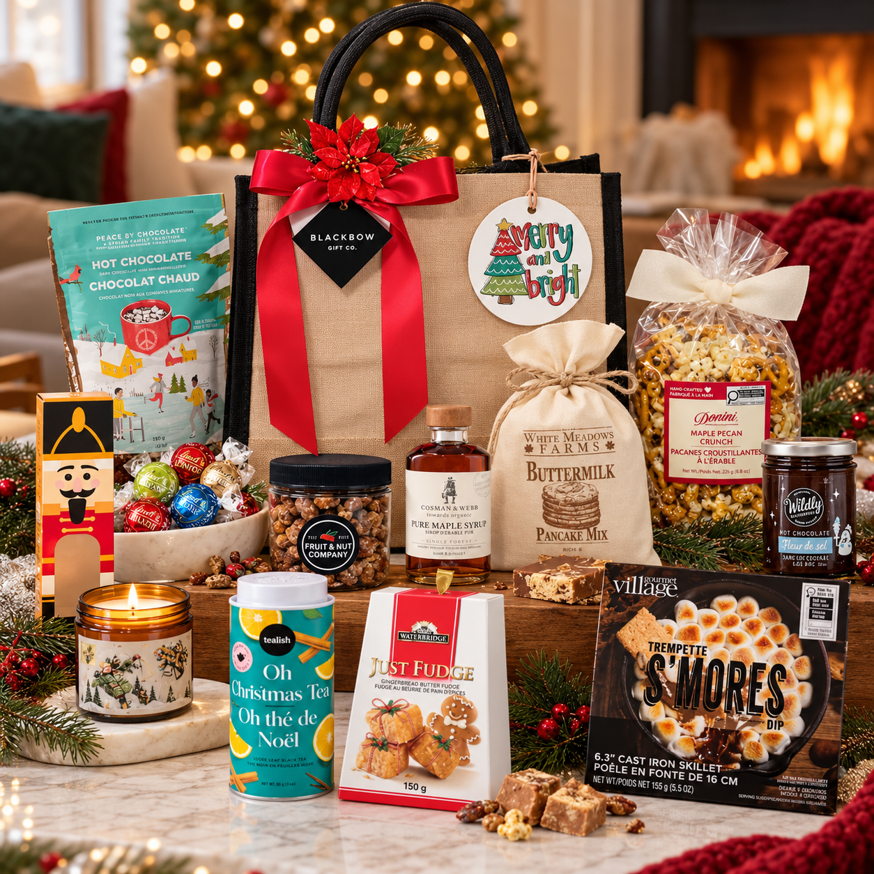 Festive Christmas gift bag by Black Bow Gift Co. with red ribbon, surrounded by gourmet holiday treats, hot chocolate, maple syrup, pancake mix, chocolates, tea and cozy seasonal favourites in a luxurious holiday setting.