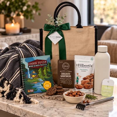 Cozy lifestyle gift featuring a natural jute bag with emerald green ribbon and Black Bow Gift Co. tag, styled with a striped throw blanket, insulated water bottle, Cabin Fever puzzle book, chocolate shortbread, rosemary almonds, hand sanitizer and back scratcher in an inviting home setting.